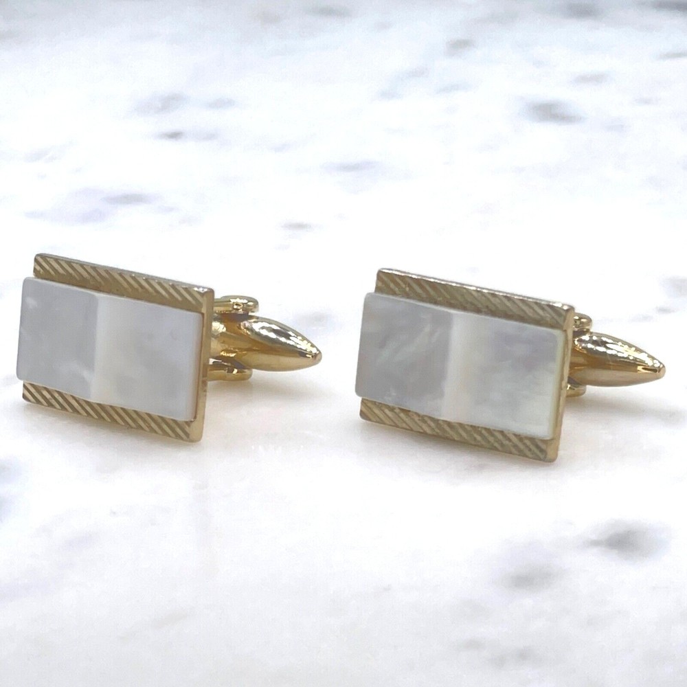 Mens Mother of Pearl Gold Tone Rectangular Bullet Back Cufflinks - Picture 9 of 12